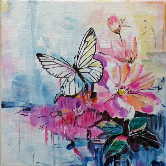 Original Butterfly PaintingPink Floral Wall Art
